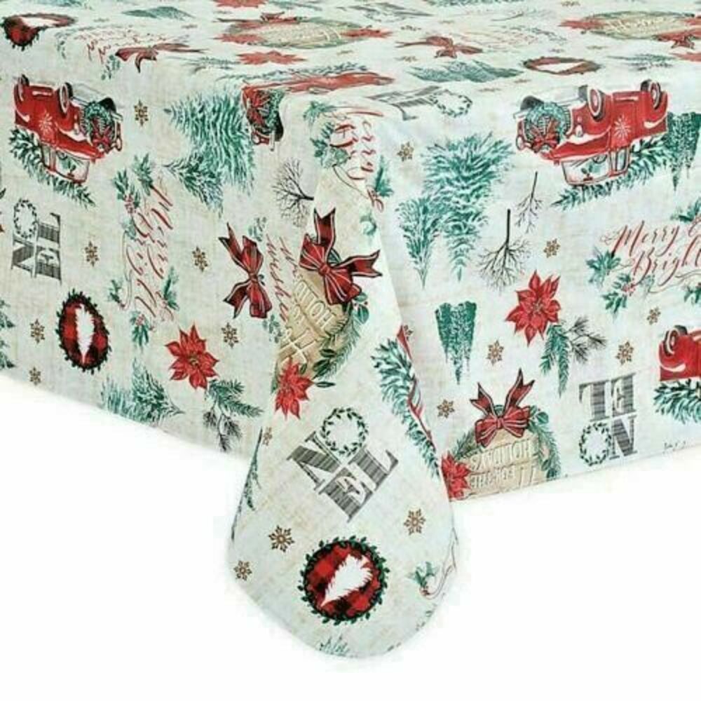 Christmas Vinyl Heavyweight Tablecloth 70" Round Red Farm Truck Flannel Back
